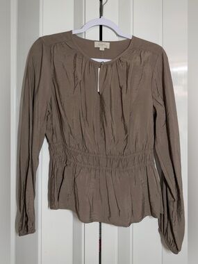 LOFT Taupe Satin Blouse - Smocked Waist